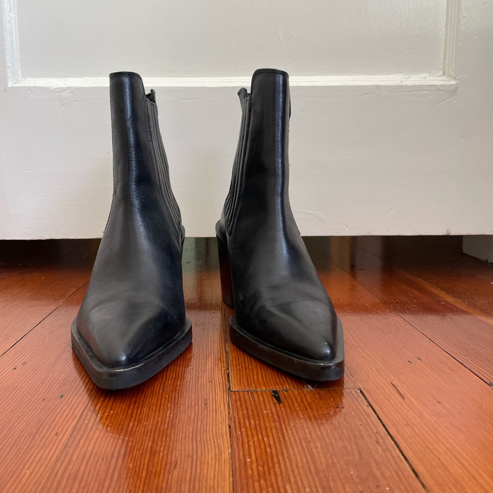 Zara black leather heeled pointed toe boots